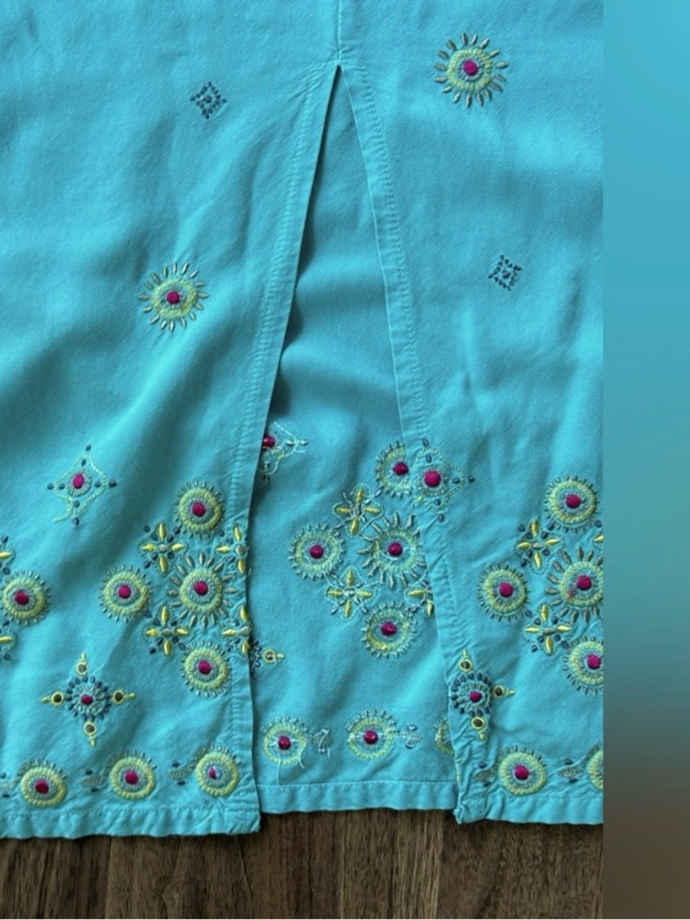 VTG Y2K Aqua Embroidered Statement Maxi Skirt Resort Coastal Boho Tropical Small - Picture 5 of 11